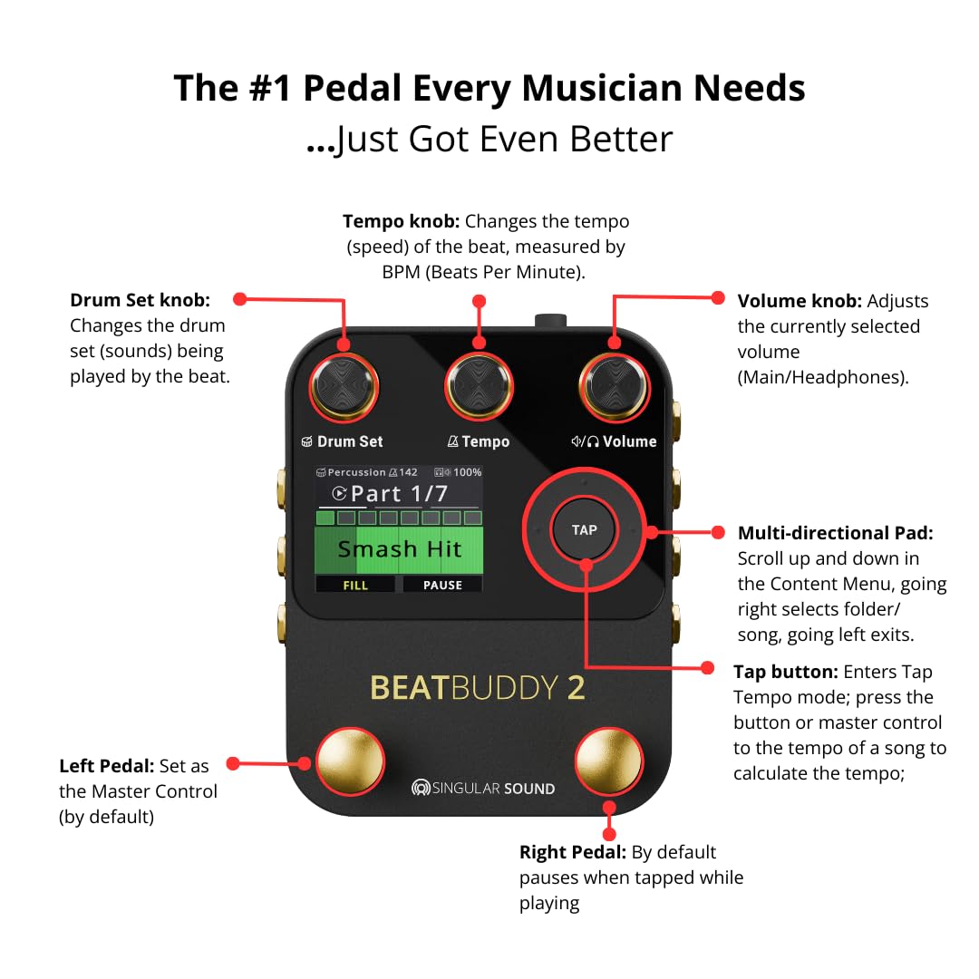 Singular Sound BeatBuddy Mini 2 Effektpedal (Drumbegleitung in Pedalform, 9 Drumsets, 24 Genres, 200+ Styles, Fusspedal Drum für Gitarre und Bass, einfache Bedienbarkeit, mit LED Anzeige)