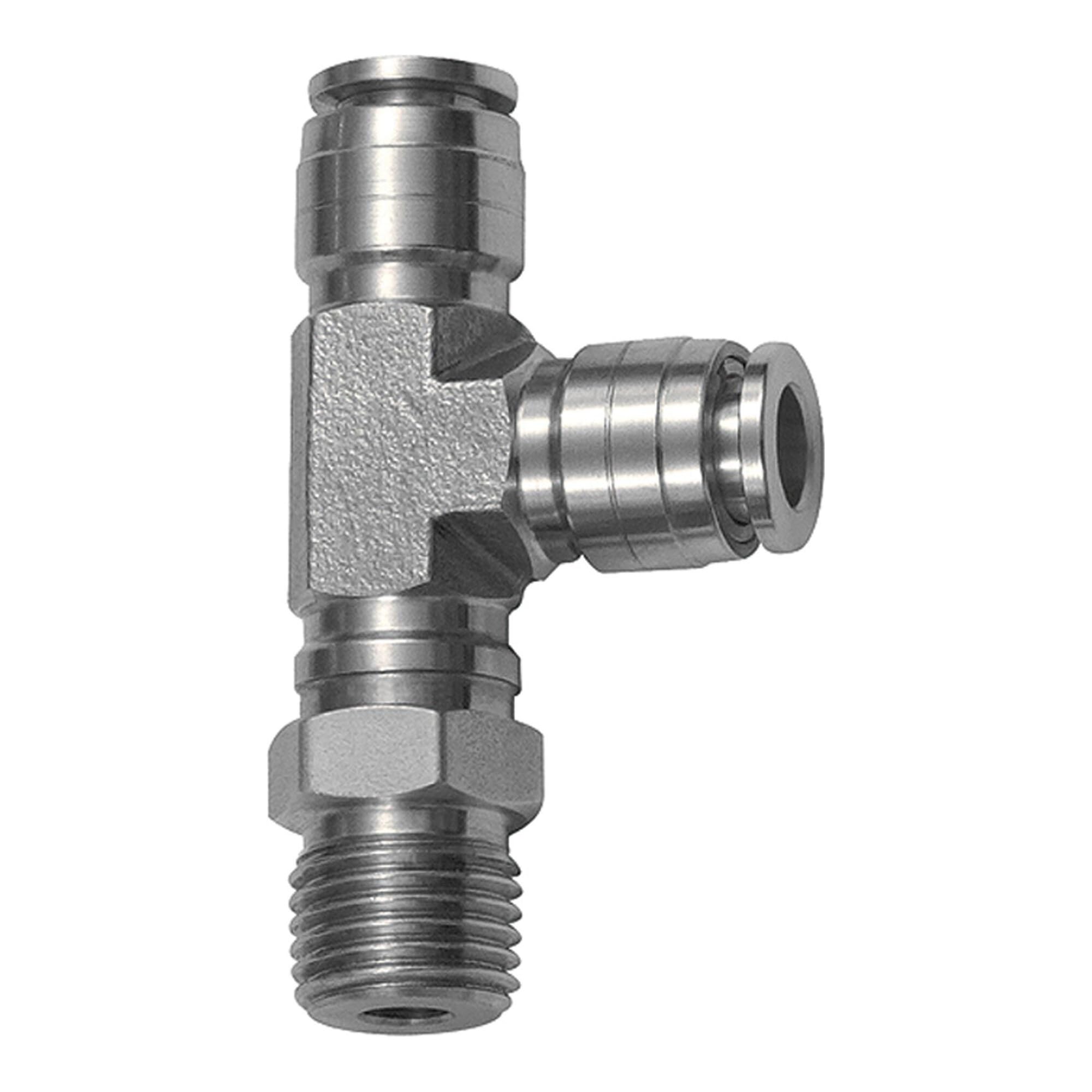 Racor en T, giratorio, forma de L, R 1/4 A, para manguera de diámetro exterior de 8 mm, presión de trabajo máx. 20 bares, acero inoxidable 1.4404.