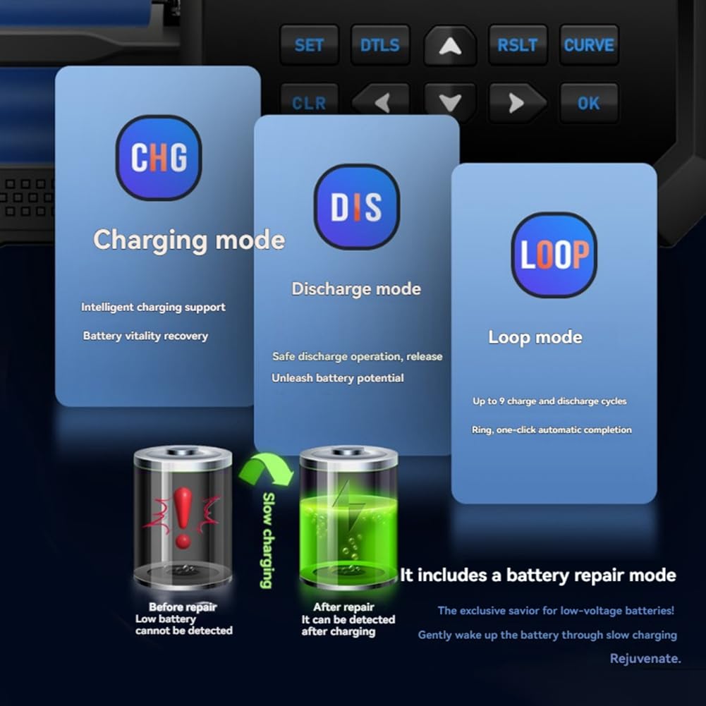 Chargeur de Batterie Li-ION 18650, Testeur de Batterie, Charge Intelligente à 4 Emplacements, Compatible Bluetooth