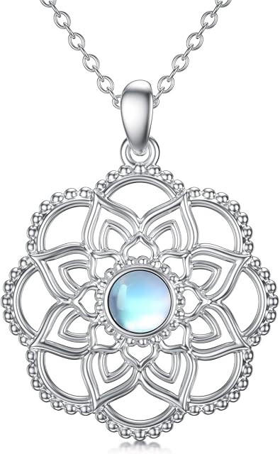 ROMANTICWORK Evil Eye Lotus Flower Necklace Sterling Silver Lotus Moondstone Pendant Yoga Lotus Protection Amulet Jewellery Gifts for Women Girls