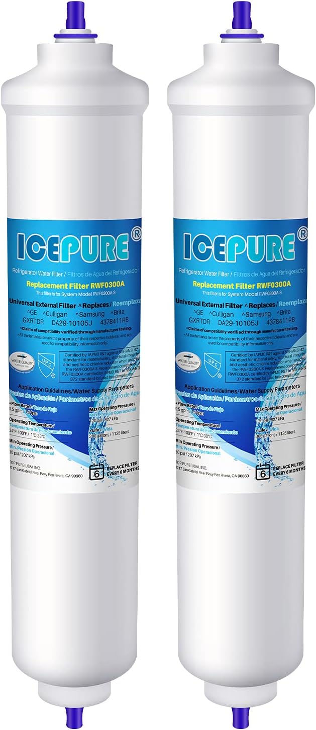 – ICEPURE Refrigerator Water Filter Compatible with Samsung DA29-10105J, DA29-10105J HAFEX/EXP, DA99-02131B, WSF-100, EF9603, HAIER LG Inline Refrigerator, 2 Pieces.
