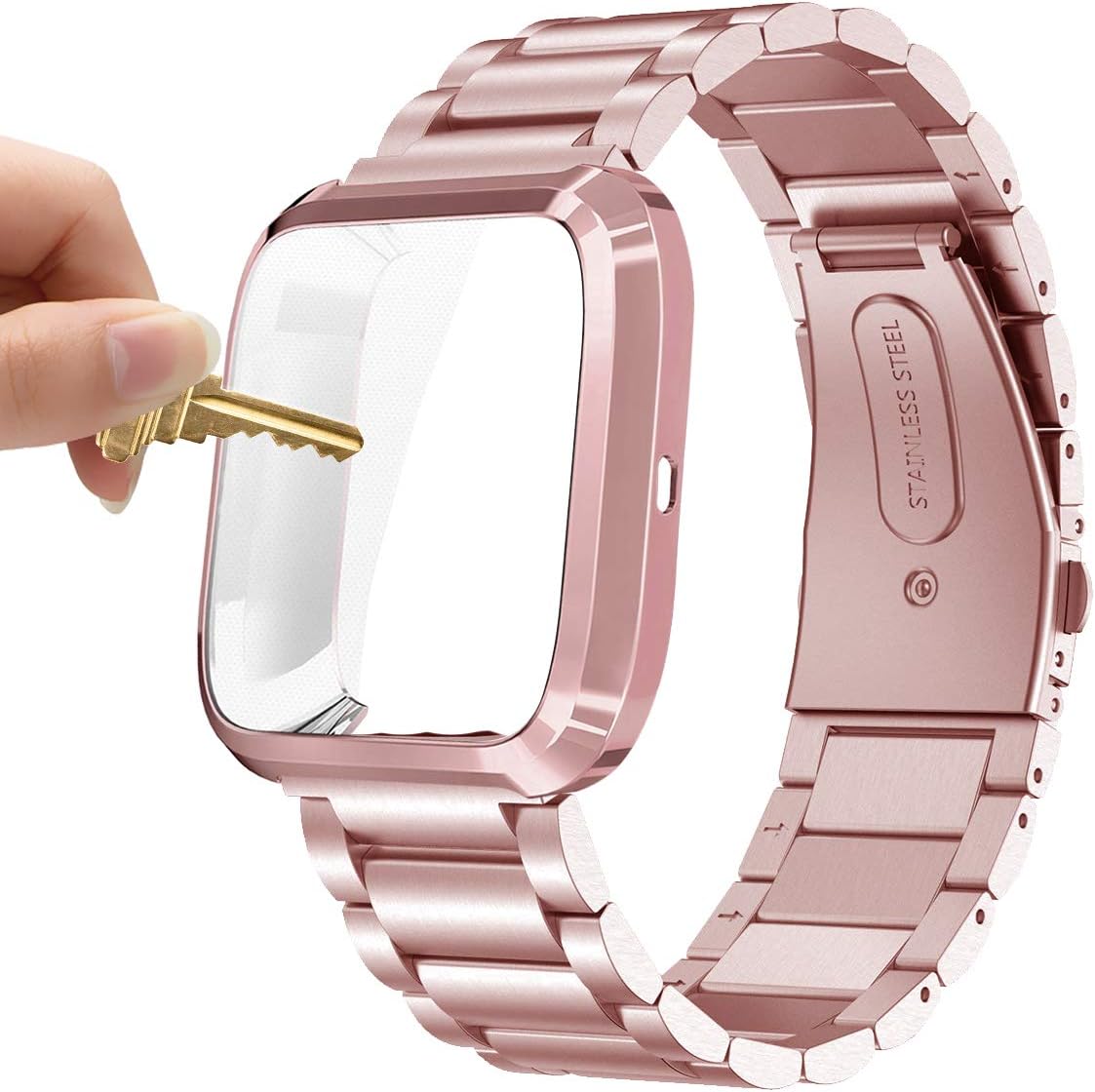Maxjoy Compatible with Fitbit Versa Bands, Versa 2 Metal Band Large Stainless Steel Bracelet Wristband with Protective Cover Case for Men Women, Compatible with Fitbit Versa 2 1 Smart Watch, Rose Gold