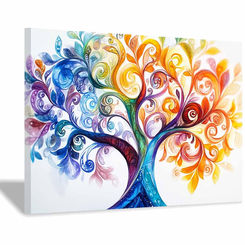 ZAMAEIU Tree of Life Painting Abstract Whirling-branch Tree Panoramic Canvas Prints Pictures for Living Room Bedroom Home Office Wall Decoration(multicolored)-60x90cm Framed