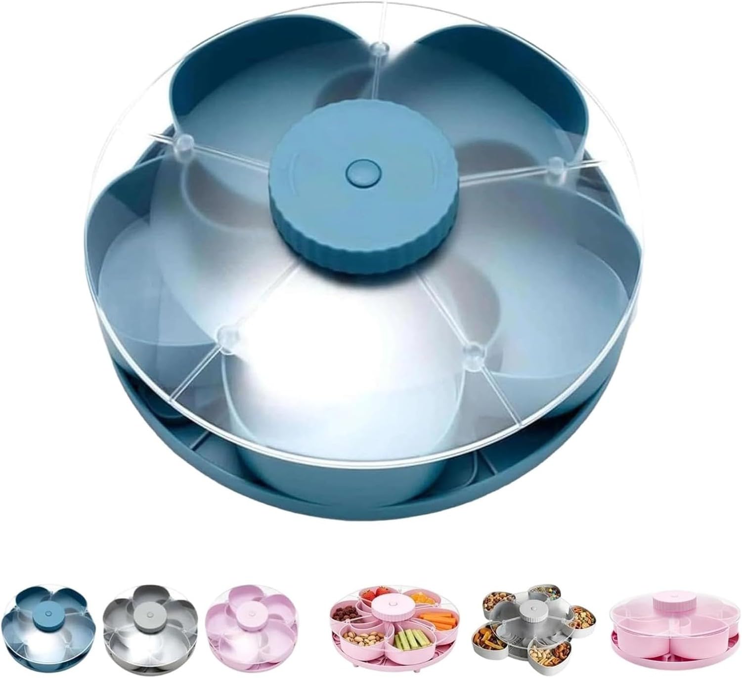 XIUNYIE Divided Rotating Snack Serving Tray with Lid and Lid Compartments, Petal Shaped Multisnack and Dip Plate for Fruit and Vegetable Salads, Food Travel, Party and, #B