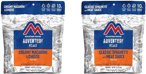 Mountain House Macarrones cremosos y queso (2 porciones) y espaguetis clásicos con salsa de carne (2 porciones) | Alimentos liofilizados para