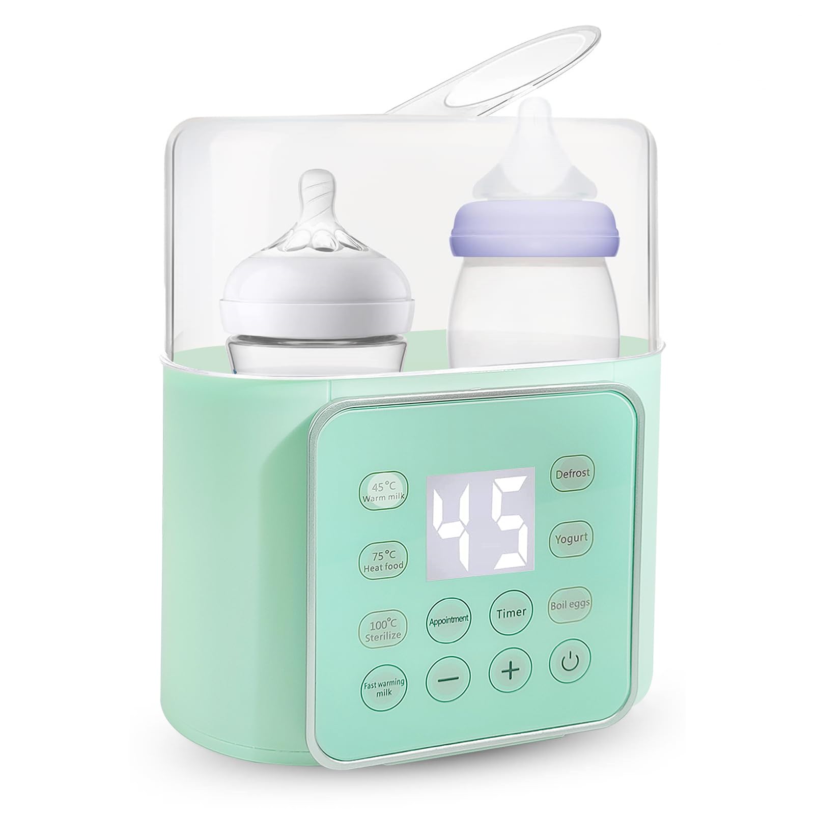 Flessenwarmer voor baby's, 9-in-1, Fast babyvoedingverwarming en ontdooiing, Bpa-vrij, sterilisator, anti-buikpijn, babyvoedingwarmer met nachtlampje en touch-toetsen, voor 2 babyflessen, groen