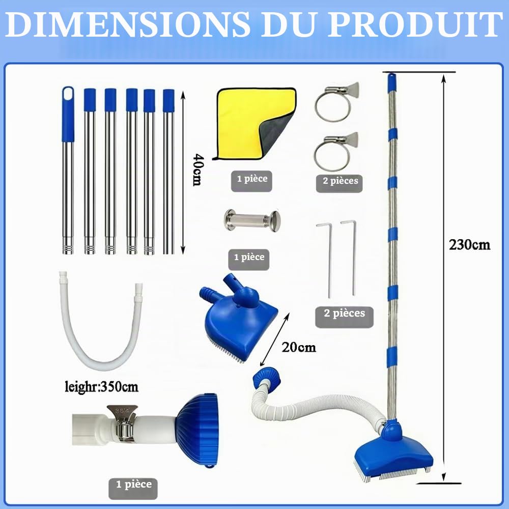 Nettoyeur de Sol de Piscine avec Tuyau Rétractable 350 cm, Aspirateur Piscine Gonflable, Aspirateur de Sol avec Tige Télescopique de 230 cm
