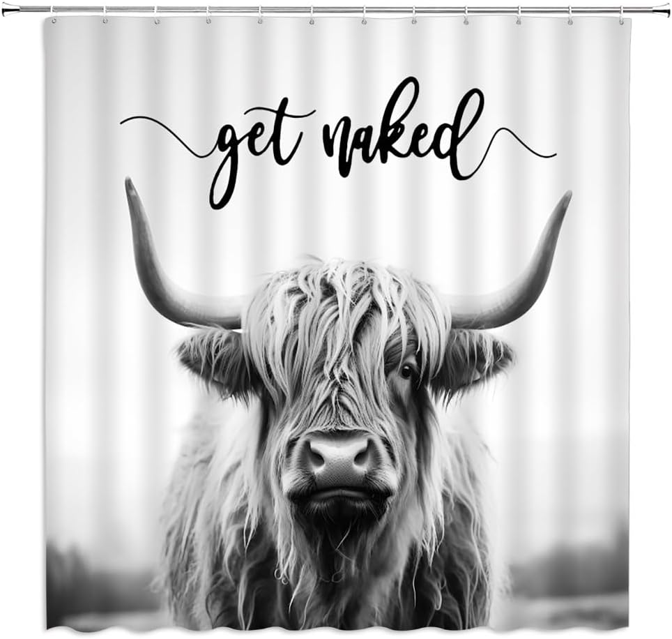 Highland Cow Shower Curtain Grey Rustic Cattle Bull Western Wild Animal Get Naked Country Farmhouse Funny Cabin Bathroom Decor Fabric Curtains with Hooks