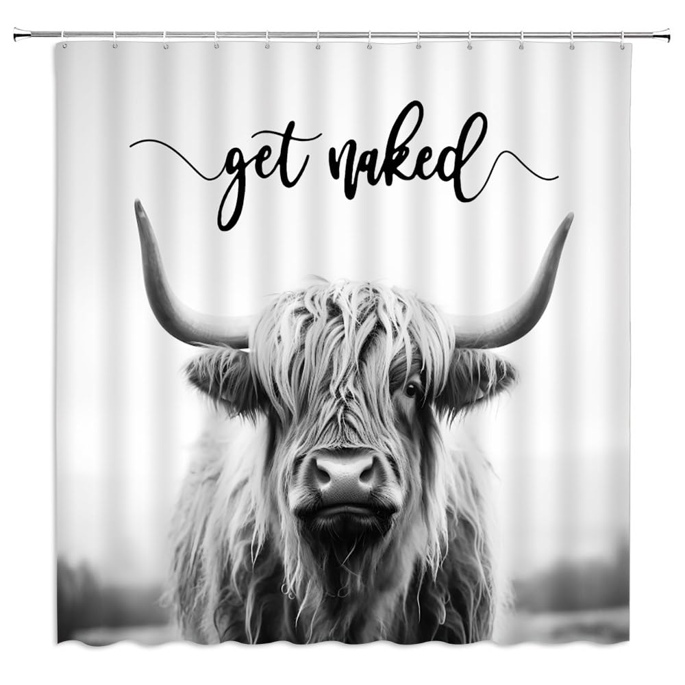 ZWSMZW Highland Cow Shower Curtain Grey Rustic Cattle Bull Western Wild Animal Get Naked Country Farmhouse Funny Cabin Bathroom Decor Fabric Curtains with Hooks