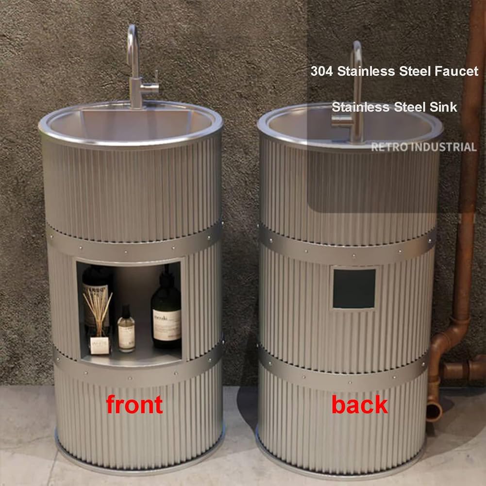 ZTGL Lavabo de Pie, Mueble de Baño Pequeño con Lavabo de Acero Inoxidable, Moderno Muebles de Baño Lavabo Estilo Industrial Diseño de Hierro Forjado Lavamanos Pedestal,Plata
