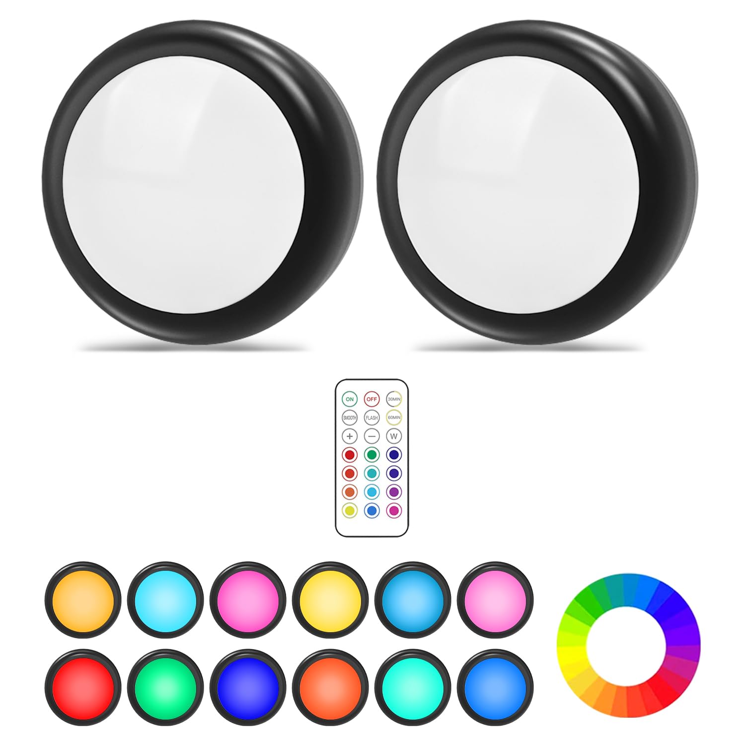Under Cabinet Lights RGB Wireless Lights LED Closet Lights Night 4000K Dimmable 2pc Cadrim 13 Colors Changing Battery Powered Light Remote Control Brightness Adjustable Timer Kitchen Wardrobe Cupboard
