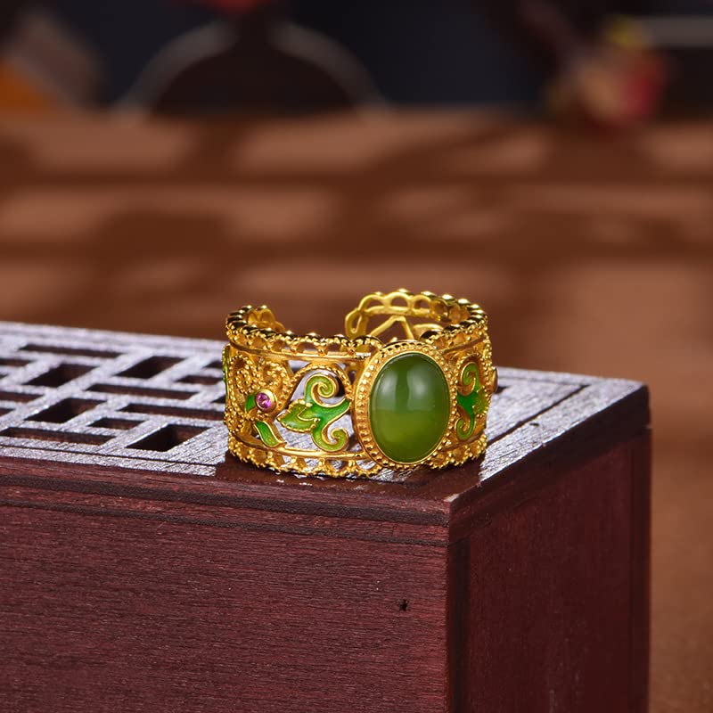 14K Gold Over S925 Sterling Silver Hetian Jade Yǎnwēi Open Rings, Chinese New Year Blessings, Ethnic Style Hand Ornament4