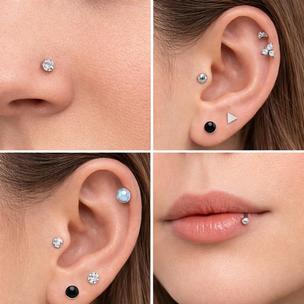 Medusa Piercing Jewelry, 15 Pack Threadless Nose Stud, 20G 18G 16G 316L Surgical Stainless Steel, Flat Back Nose Stud, Tragus Piercing Jewelry for Nose Rings, Stud Earrings, Tragus, Lip Stud, Medusa Piercing for Women Men
