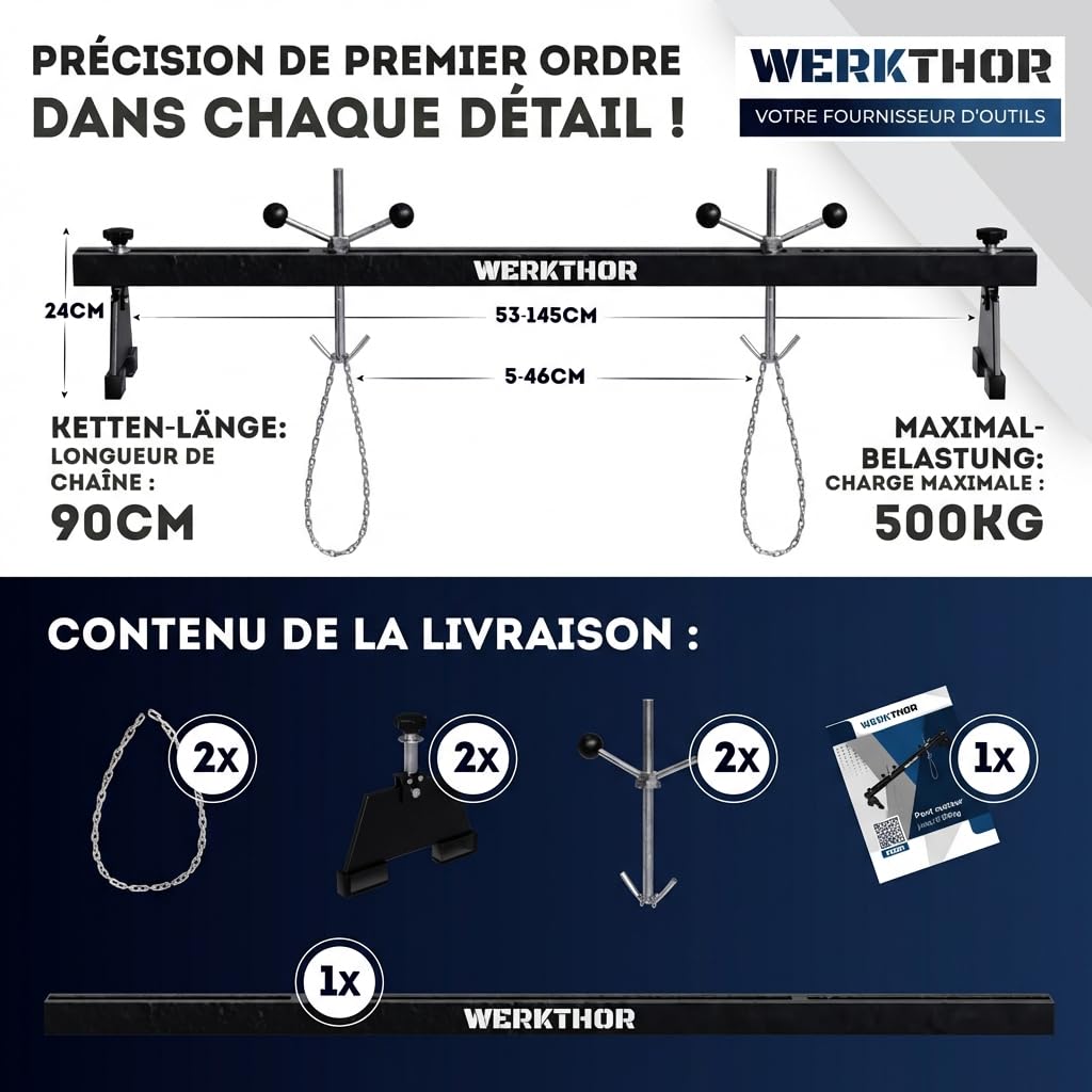WERKTHOR Support Moteur Atelier 500kg Noir | Traverse Support Moteur Réglable 150cm avec 2 Chaînes 90cm & Pieds 360° | Barre Maintien Moteur pour Embrayage, Distribution, Boîte Vitesse