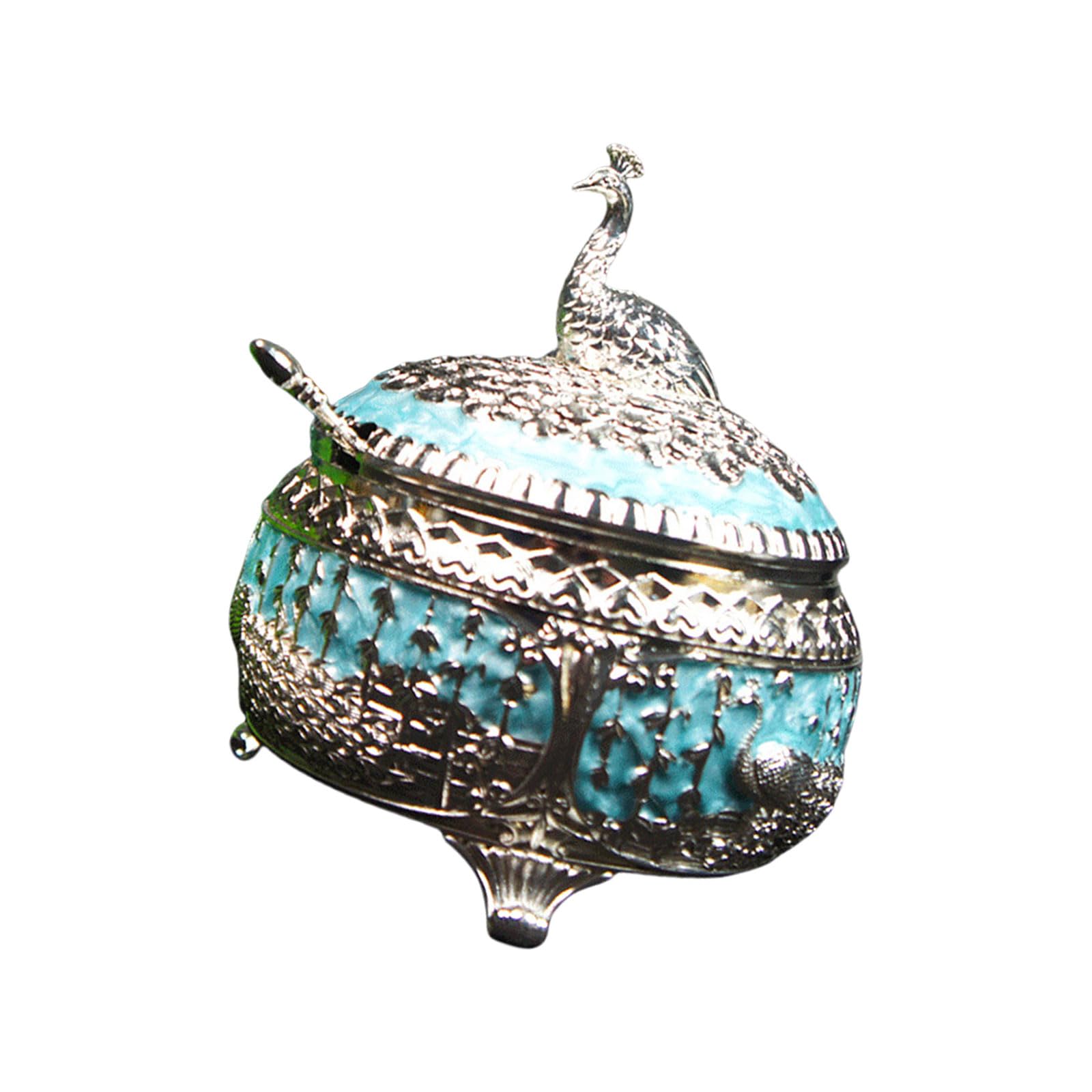 Xinsheinelry Peacocks Themed Alloy Sugar Container with Lid and Spoon Elegant Alloy Candy Jar Kitchen Sugar Canister for Household Elegant Metal Cup