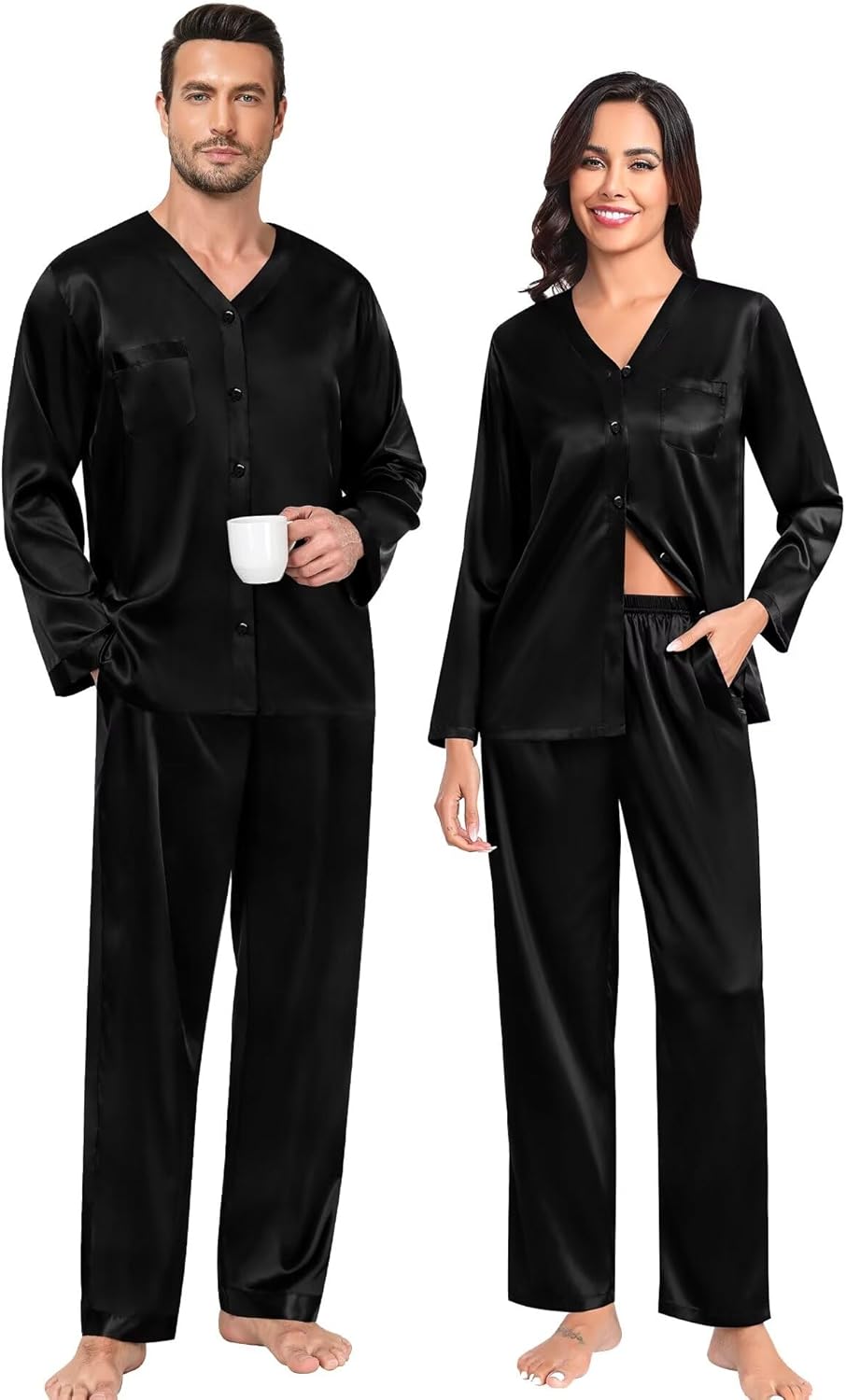 SWOMOG Family Matching Pajamas Sets for Women & Men Couples 2 Pcs Silk Satin Pjs Sets Button-Down Sleepwear Soft Loungewear Black