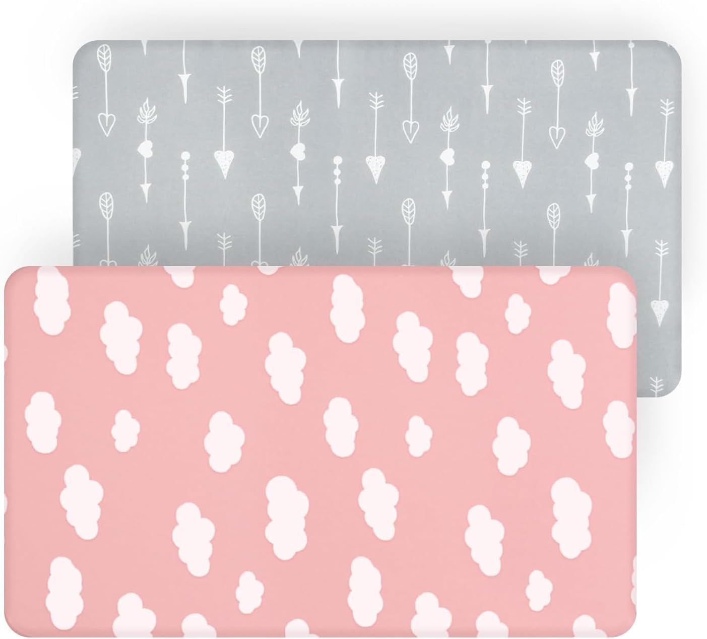 Travel Cot Fitted Sheets 95x65cm, 2 Pack, Ultra Soft & Breathable, Fits for Joie & Maxi-Cosi Iris Travel Cot, Grey Arrow & Pink Cloud, Preshrunk