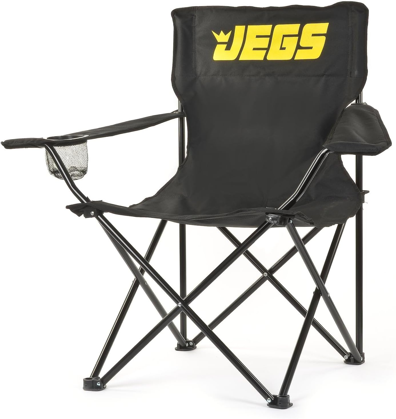 JEGS Folding Chair | Black Canvas Logo | Black Powder Coated Frame | Capacity 250 LBS | Total Height 36in.| Includes Mesh Cup Holder and Storage Bag with Strap