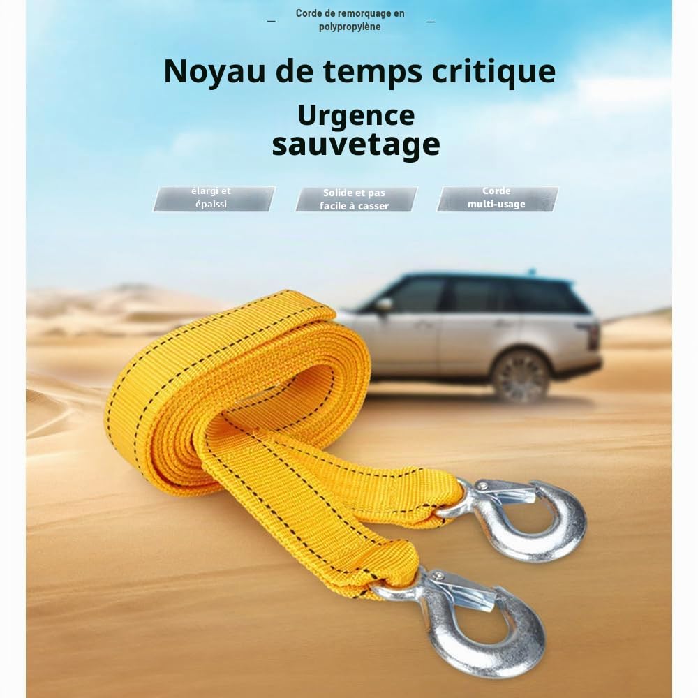 Sangles de remorquage Robustes avec Crochets, Sangle de remorquage Double Couche, 5 tonnes, capacité de 4 mètres, pour Voitures, camions, Jeep, Bateaux et Plus Encore, Corde de remorquage Jaune