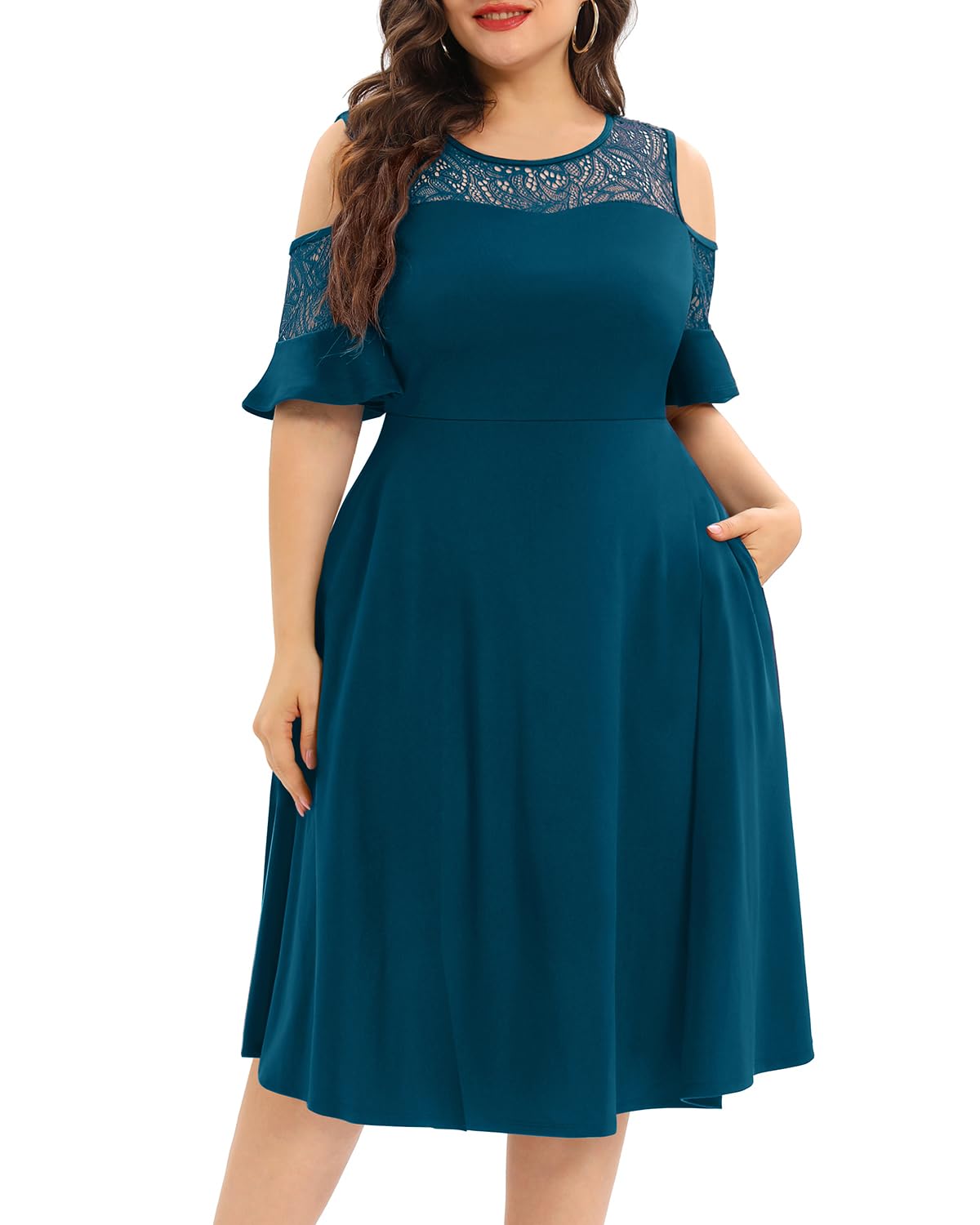 Plus Size Cocktail Dress - Graduation Cold Shoulder Lace Midi Dresses with Pockets