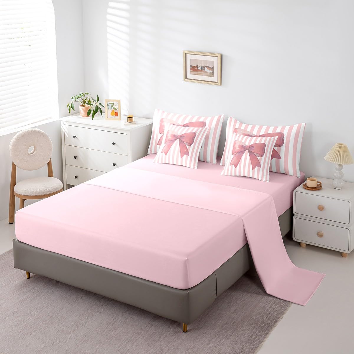 Bettwäsche-Set mit rosa Schleife, 7-teilig, für Queen-Size-Betten, verträumte Aquarell-Fliege, Kawaii-Bett in einer Tasche für Teenager, Cartoon-Prinzessinnen-Stil, geometrische rosa Streifen