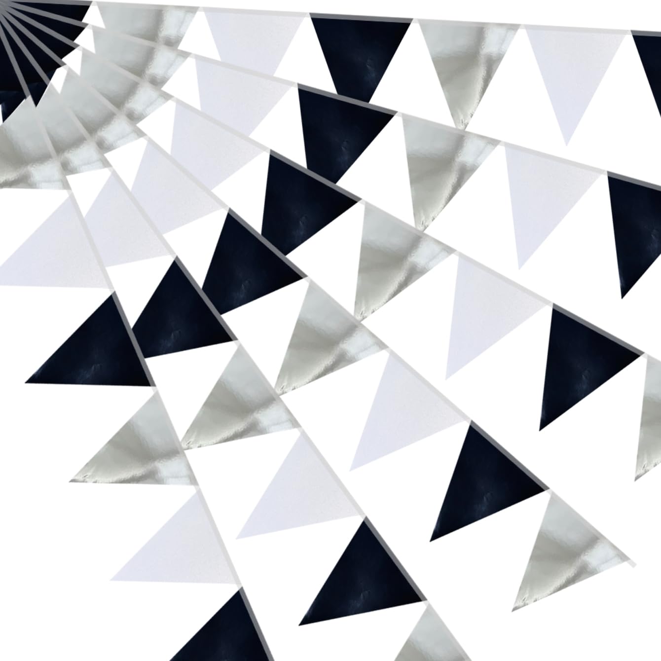 64ft Black Silver White Triangle Pennant Banner Flag Metallic Paper Bunting Garland for Hanging Backdrop Birthday Party Decorations Graduation Bachelorette Wedding New Year Party Supplies