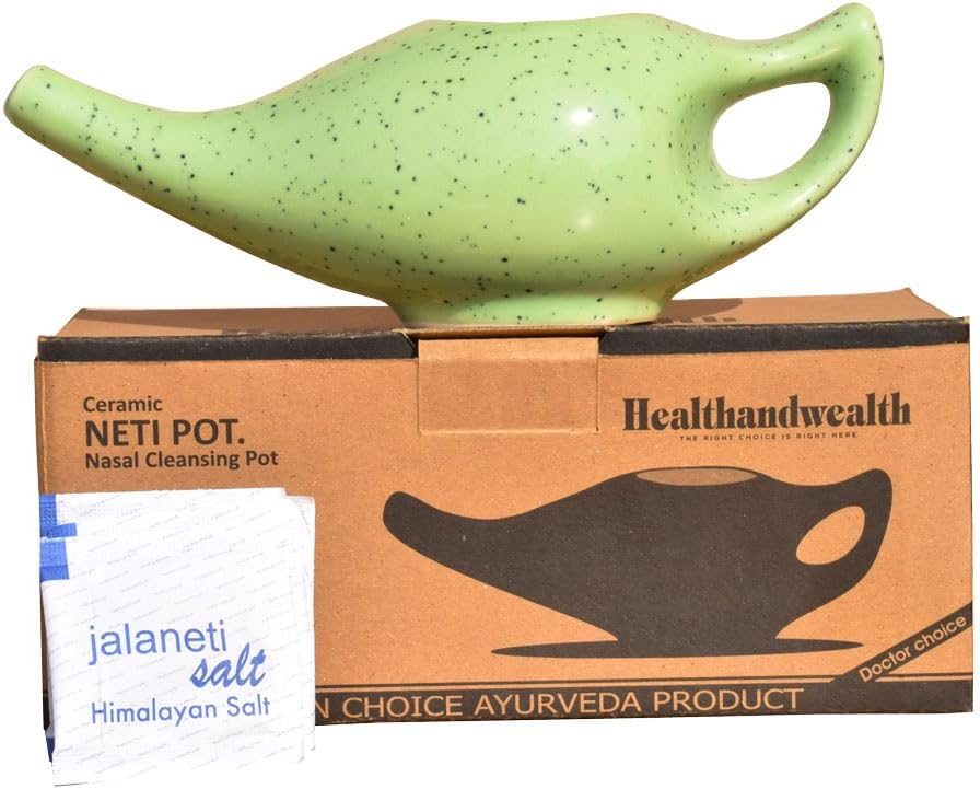 Ceramic Neti Pot for Nasal Cleansing | Durable Ceramic Neti Pot with 10 Sachet Neti Salt, 225 Ml. (7.6 FL Oz) Capacity -(Green)