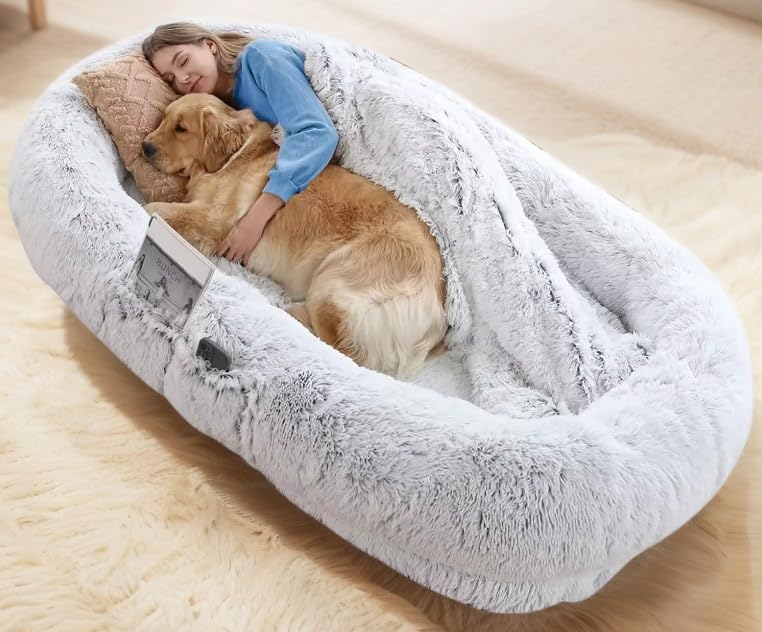 KEIKI Human Dog Bed for Extra Large Dogs, 71"x45"x12" Memory Foam XL Orthopedic Dog Beds with Storage Pocket, Fluffy Plush Big Pet Bed for Adult Size, Cover Portable Handle, Non-Slip Bottom, Soft Grey