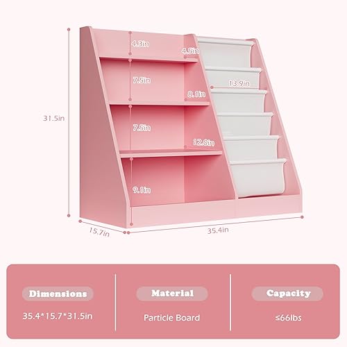 Miniatura 3 de Estantería de madera rosa de 4 niveles para niños, estantería de 5 capas, estante para libros de almacenamiento para bebés, organizador de juguetes
