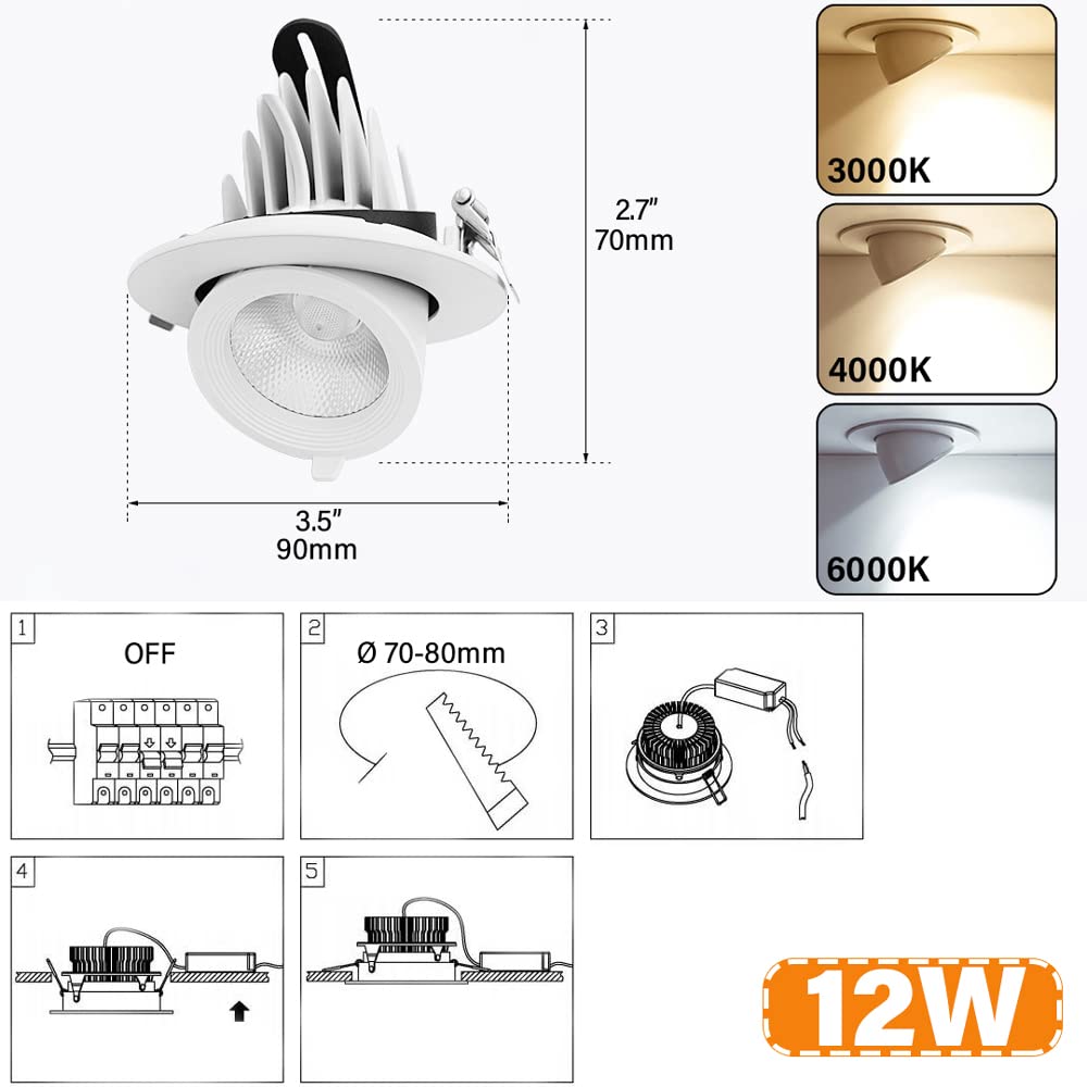 Foco LED de iluminación empotrada,12 W,20 W,30 W,35 W, CRI 90+ COB LED Downlight de Techo, Ajustable hacia Arriba y hacia Abajo 70°, se Puede Girar 360° Downlight Empotrado, Paquete de 6