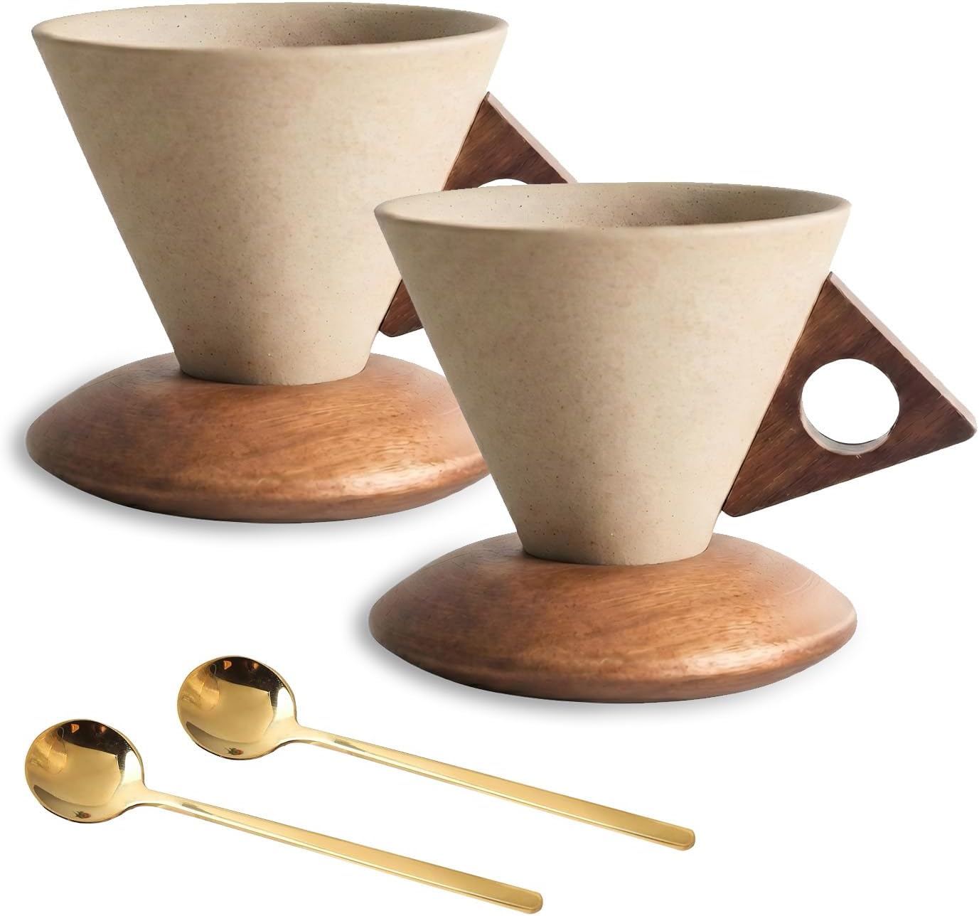 250ML Sable Cone Mug Set with Wood Handle, Retro Coffee Mug with Coaster & Spoon, Unique Ceramic Coffee Cone for Latte & Espresso, Aesthetic Home Office Decor, Birthday Gift (2, Light brown)