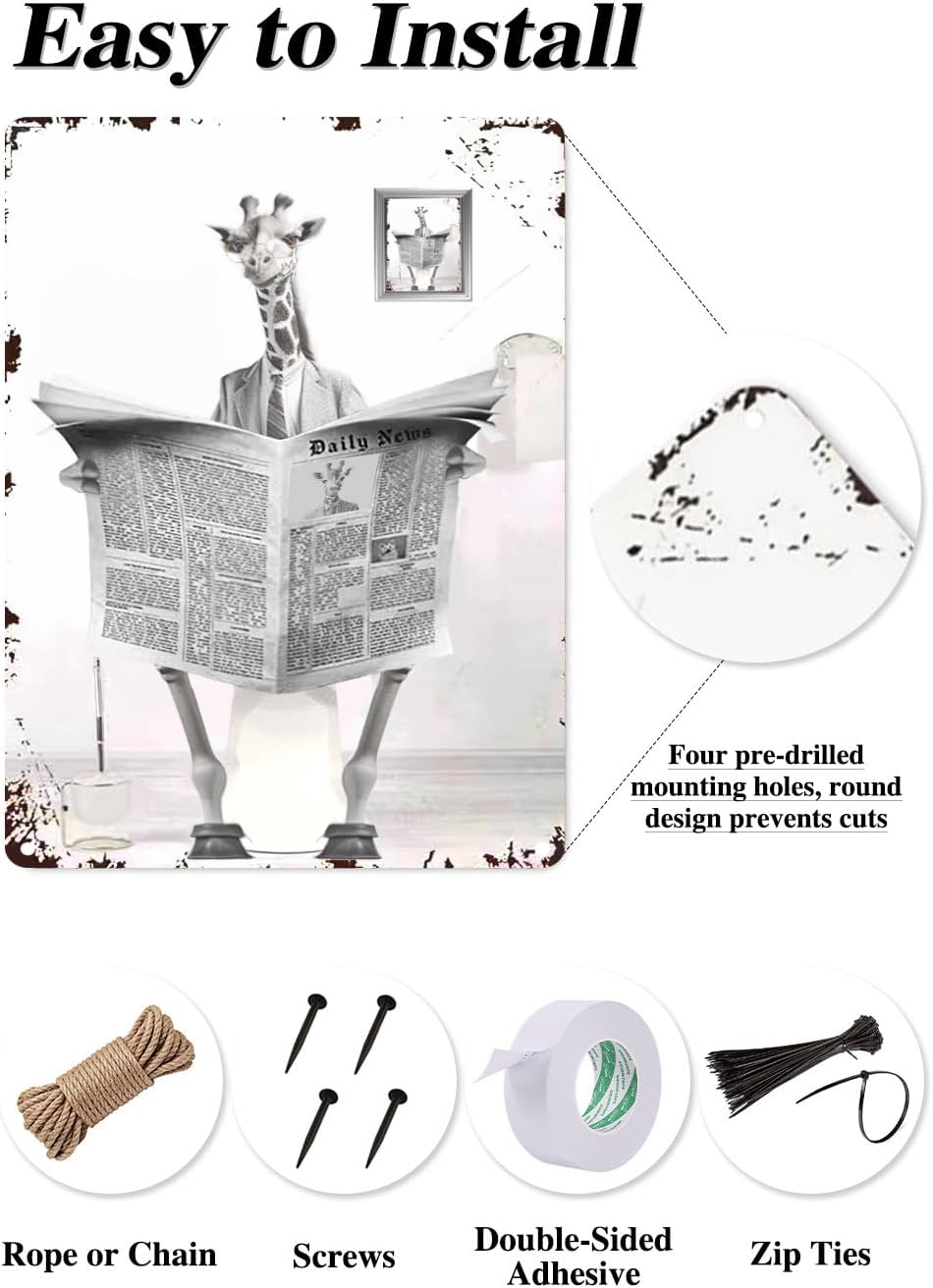 Metal Tin Sign Vintage Giraffe Toilet Reading Newspaper Humour Funny Animal Whimsy Animal for Home, Bathroom and Toilet Wall Decor 12x8 Inches(805)