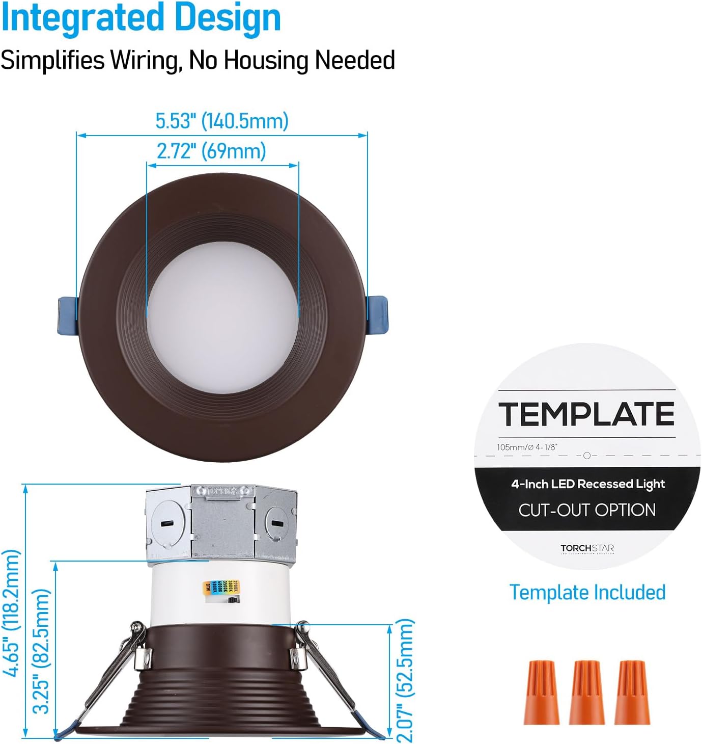 TORCHSTAR 6CCT 4 Inch LED Integrated Canless LED Recessed Lighting with J-Box, 3000-1800K Dim to Warm, Anti-Glare Deep Baffle CRI90 Dimmable Ceiling Downlight, ETL ES FCC, Oil Rubbed Bronze, Pack of 4