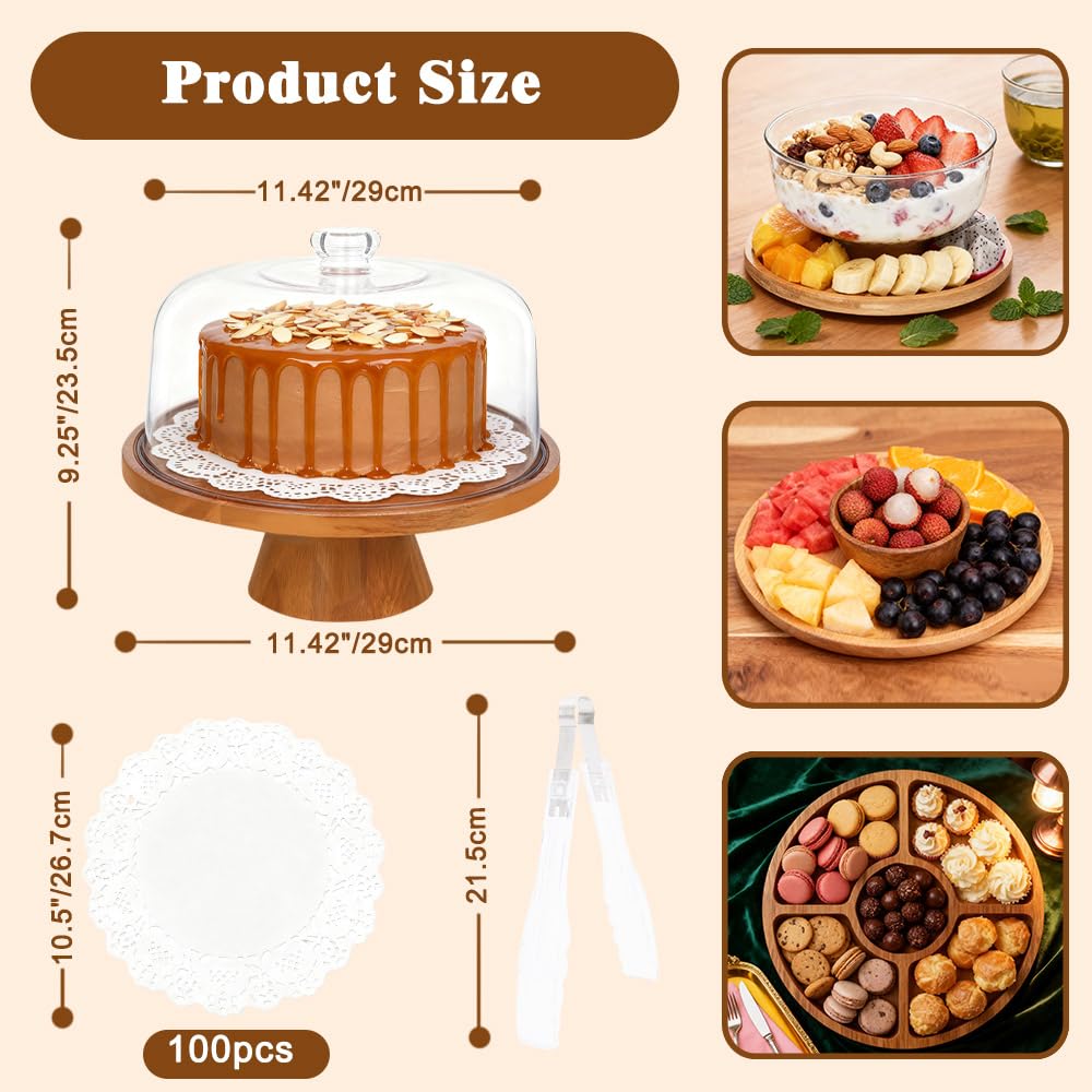 Plato para tartas con tapa, soporte para tartas con pie, placa redonda 4 en 1, campana de madera de 29 cm, plato para tartas, incluye papel de horno y pinzas de cocina, soporte para tartas