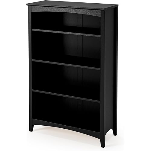 Camaflexi Shaker Style 4 Shelf Bookcase/Solid Wood / 48" High/Adjustable Shelving/Closed Back/Display Bookshelf for Living Room, Bedroom, Home and Office, Black