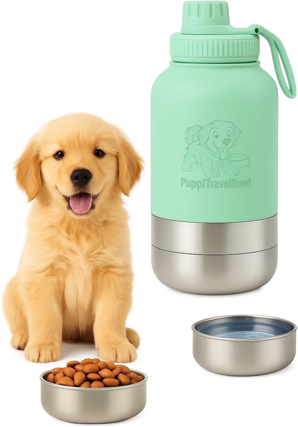 PuppiLovePets PuppiTravelBowl - Dog Travel Food & Water Bottle (Green)
