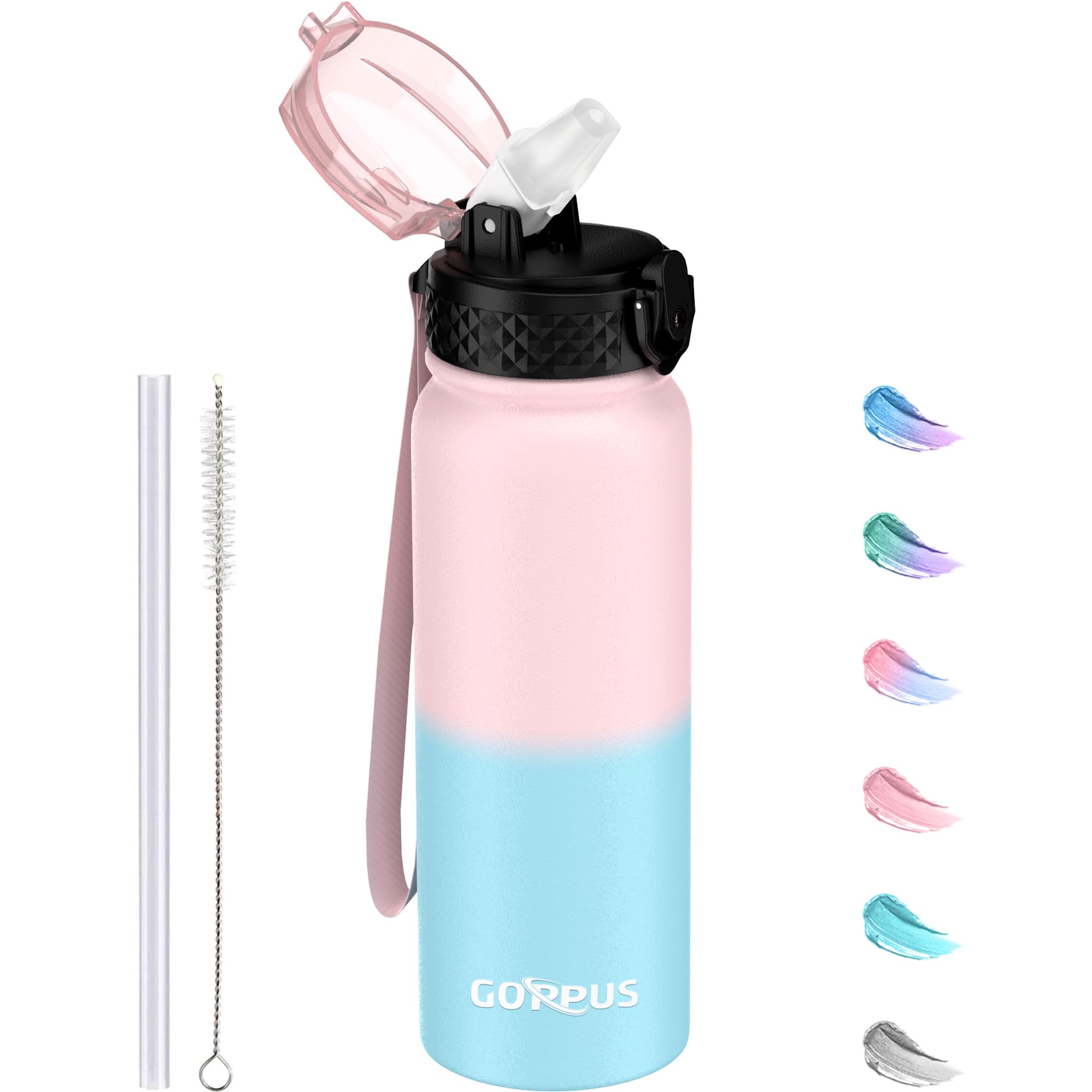 GOPPUS 600ml/20oz Stainless Water Bottle with Straw Double Wall Insulated Bottles with Strap One Hand Open Vacuum Thermal Flask Leakproof Keep Cold Bottles with Flip Top Lid BPA Free (Pink Blue) — image 1