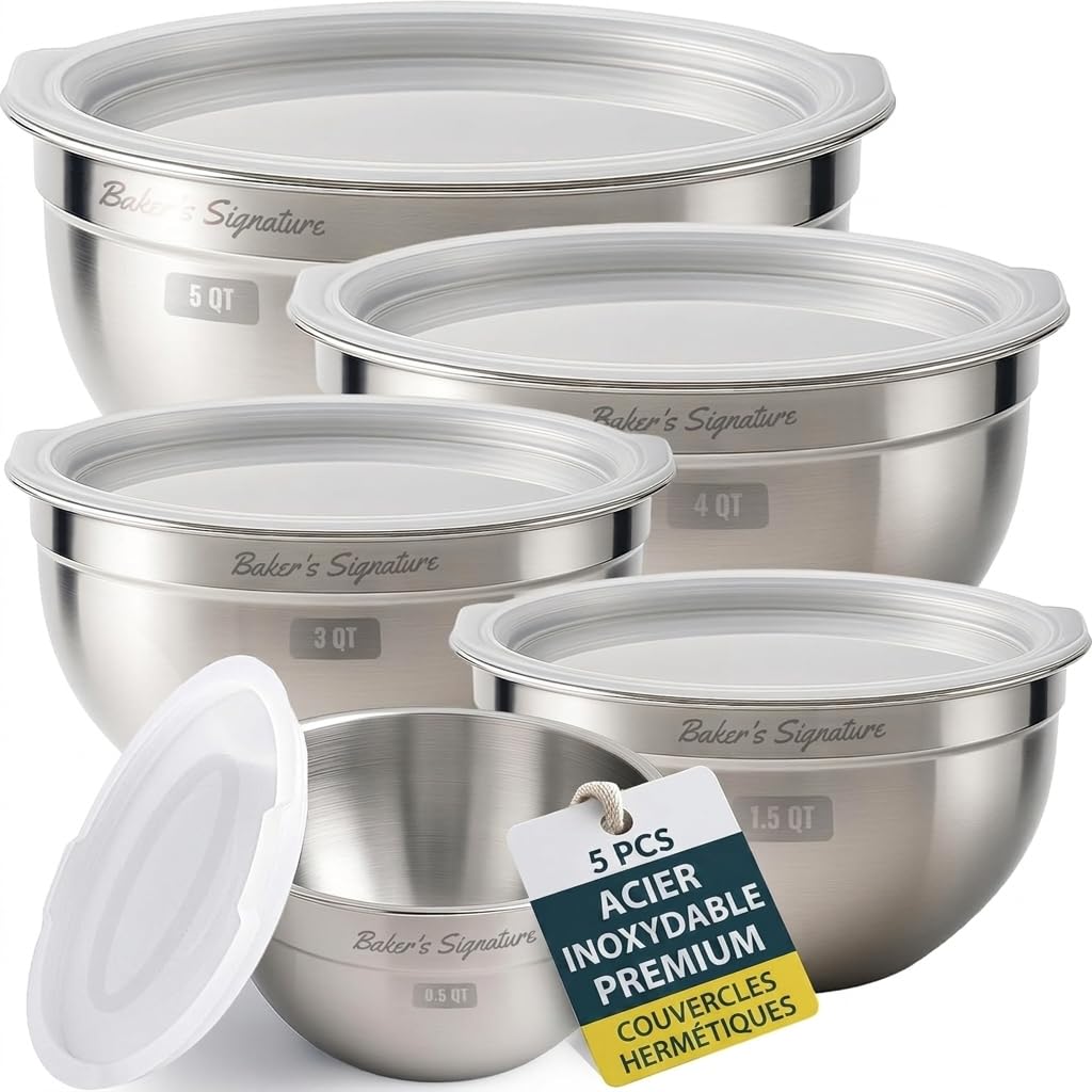 Saladier Inox Set de 5 avec Couvercle, Grand Saladier et Cul de Poule Inox emboîtables, Bols Mélangeurs pour Préparation et Pâtisserie, Compatible Lave-vaisselle (sauf couvercles), 0,5/1,5/3/4/5 L