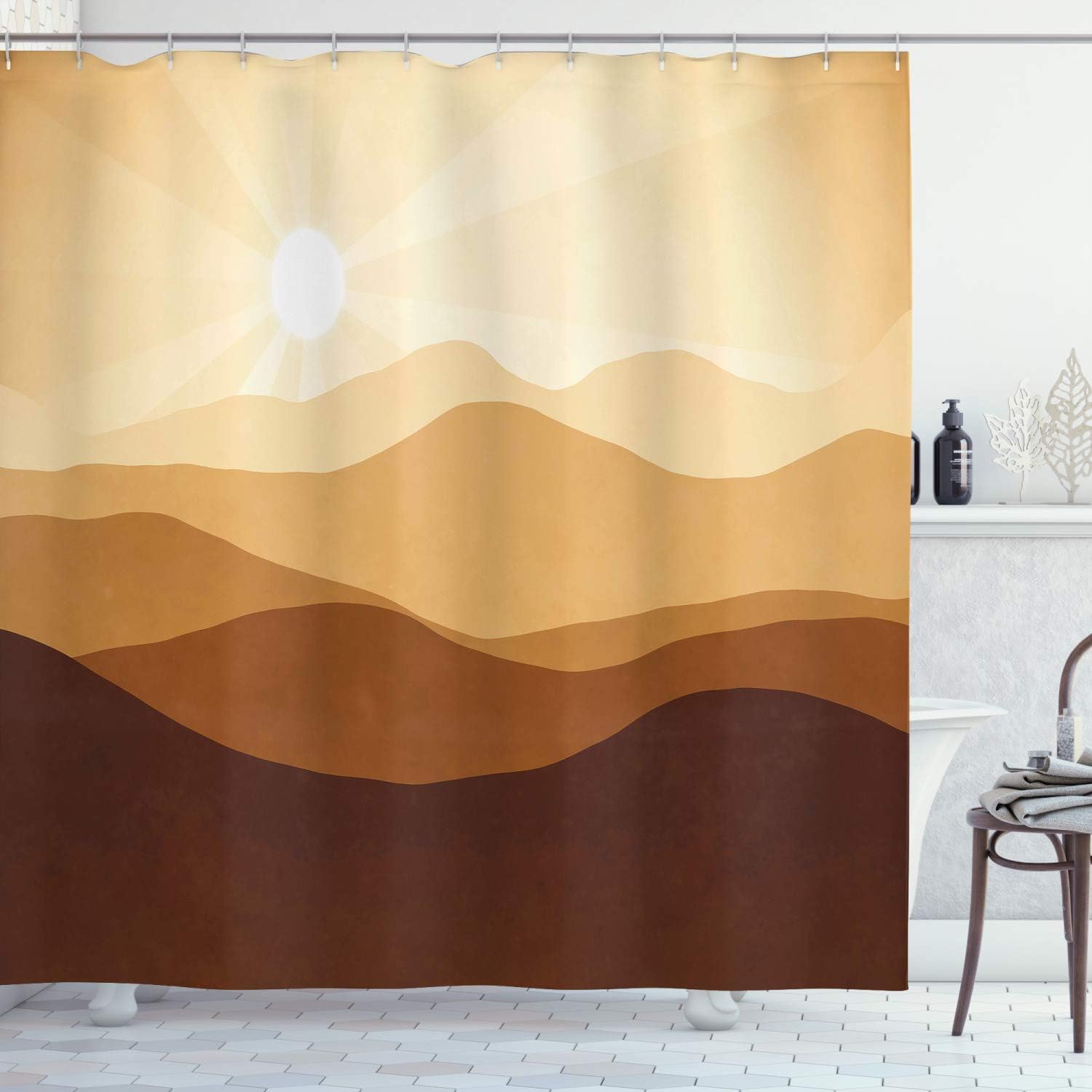 Ambesonne Tan Shower Curtain, Sunrise Over The Mountains Conceptual Landscape Hills Rays Scenery, Cloth Fabric Bathroom Decor Set with Hooks, 69" W x 70" L, Sand Brown Pale Brown