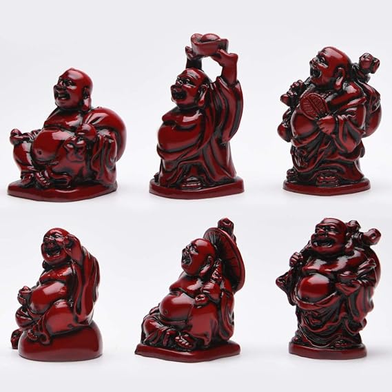 BRABUD 2in Red Resin Laughing Buddha Statue, Fengshui Decor, Set of 6 | Maitreya Buddha Statue, Flower Pot Statue, Home Office Desk Decor, Fengshui Collection Gift Ornaments