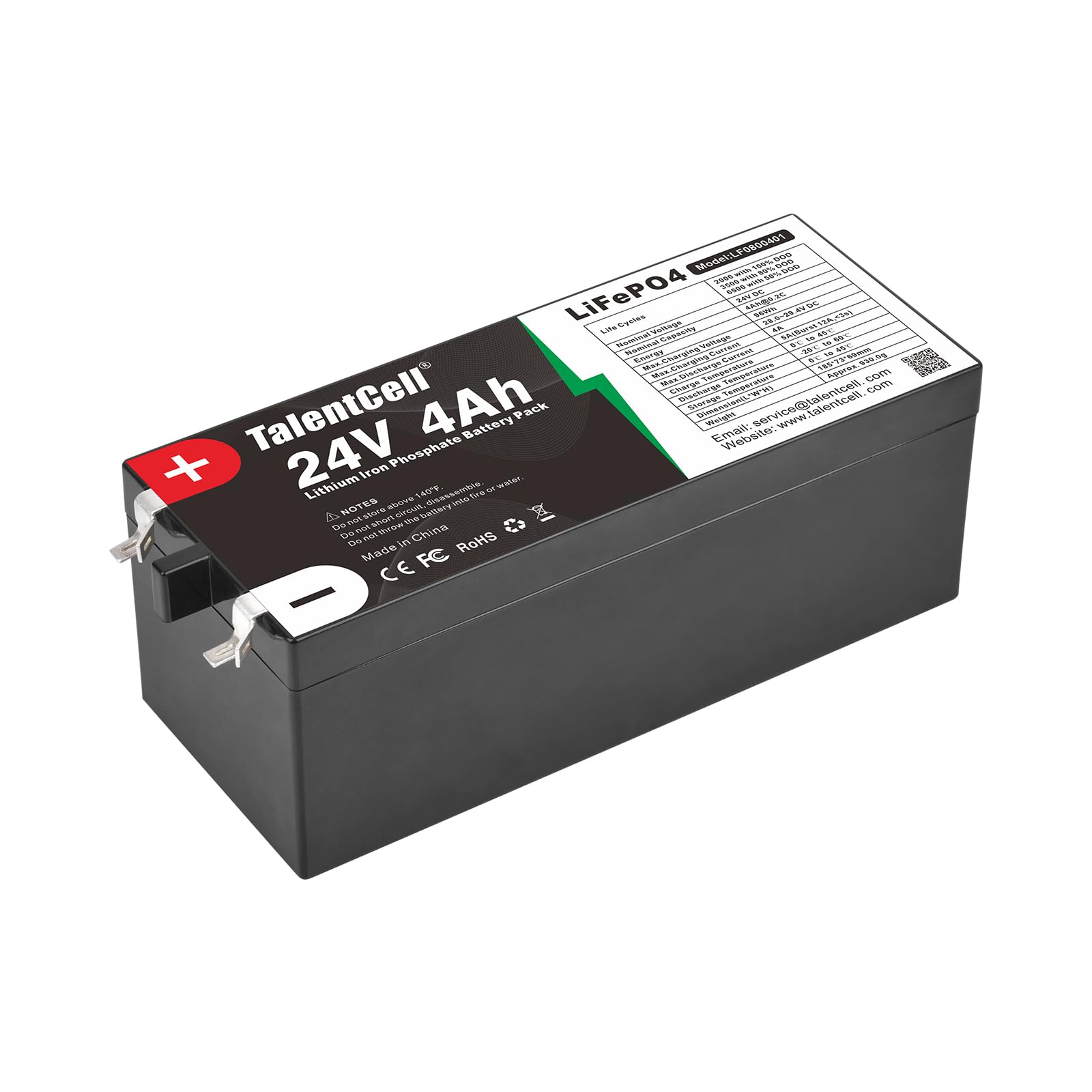 TalentCell 24V 4Ah LiFePO4-Akku, 96Wh Deep Cycle Wiederaufladbar Lithium-Eisenphosphat-Batterie für Trolling Motor, RV, Toy Car, Camping, Solar System, DIY Project