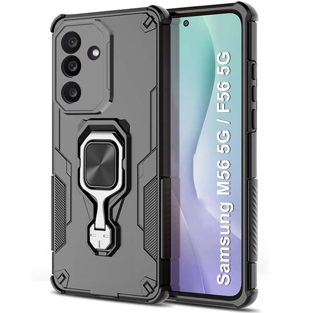 TheGiftKart Tough Armor Bumper Back Case Cover for Samsung Galaxy M56 5G / F56 5G | Ring Holder & Kickstand in-Built | 360 Degree Protection Back Case Cover for Samsung M56 / F56 5G (PC & TPU, Black)