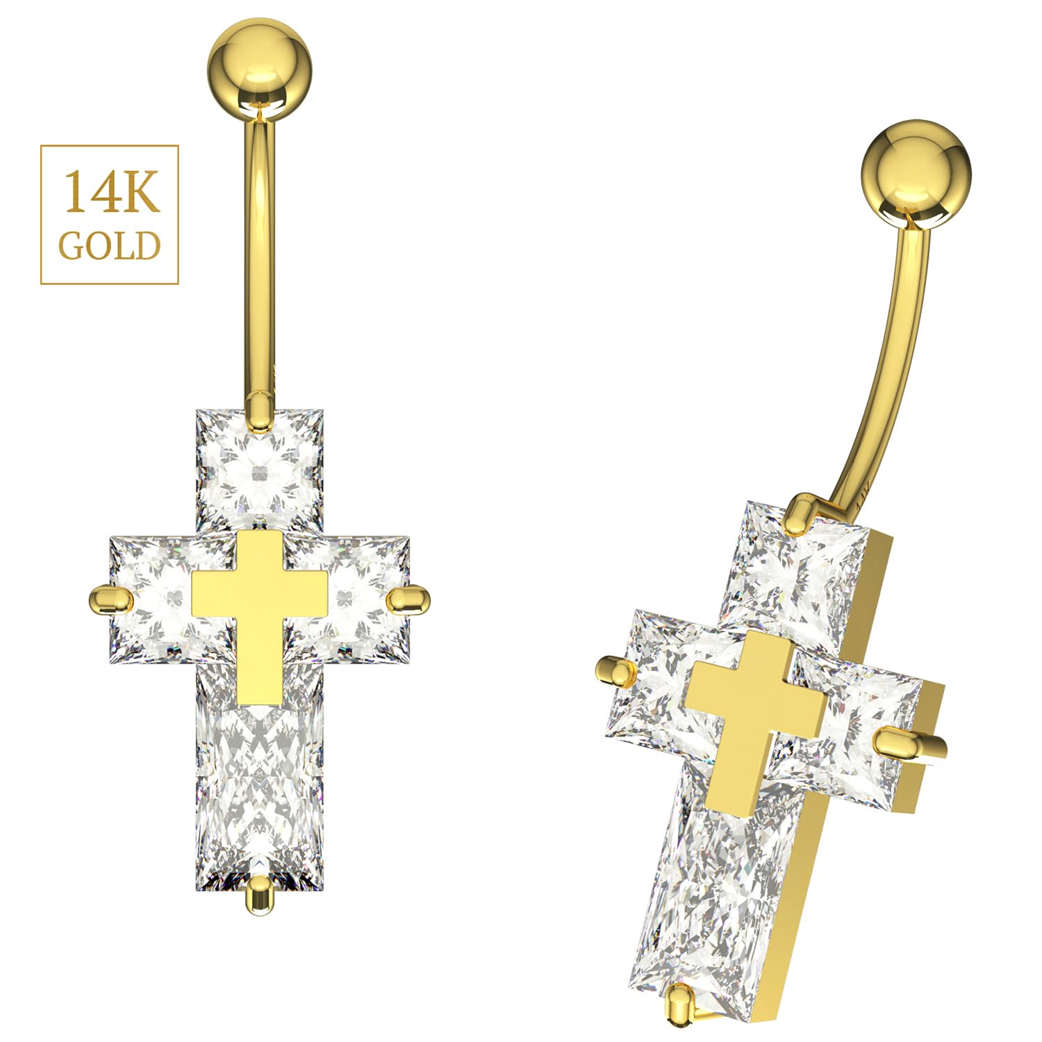 Piercing para ombligo de oro amarillo macizo de 14 quilates con piedra de circonita cúbica - Joyería de ombligo de 14 quilates - Piercing para el ombligo calibre 14, 14 Gauge - 12mm