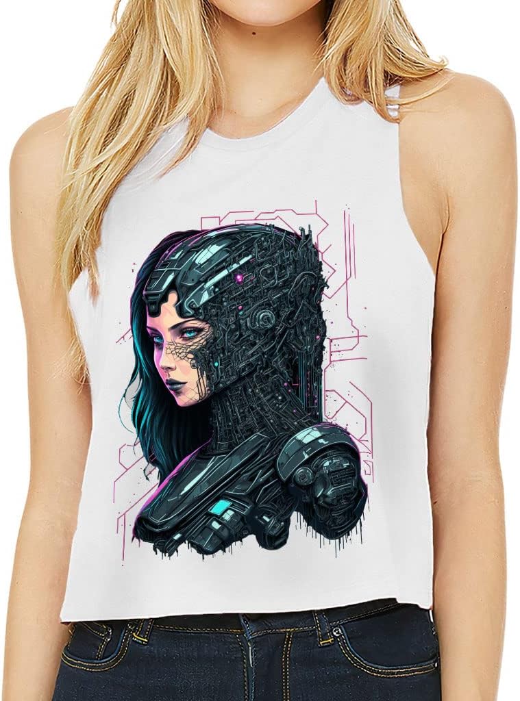 Robot Graphic Racerback Cropped Tank - Unique Women's Tank - Fantasy Tank Top