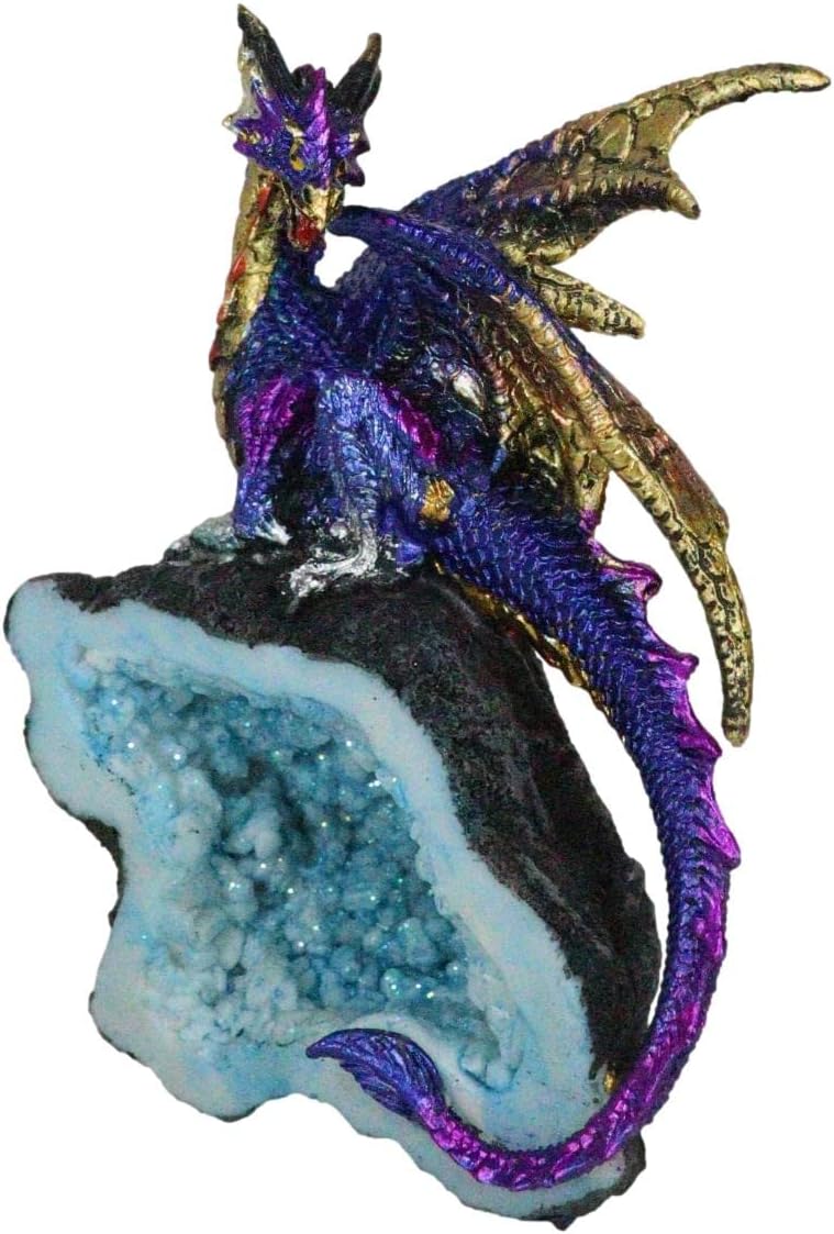 Ebros Gift Fantasy Iridescent Meteorite Dragon Guarding Faux Geode Quartz Crystal Cavern Rock Figurine Midsize Collection Dungeons Dragons Druids Accent (Azure Blue)