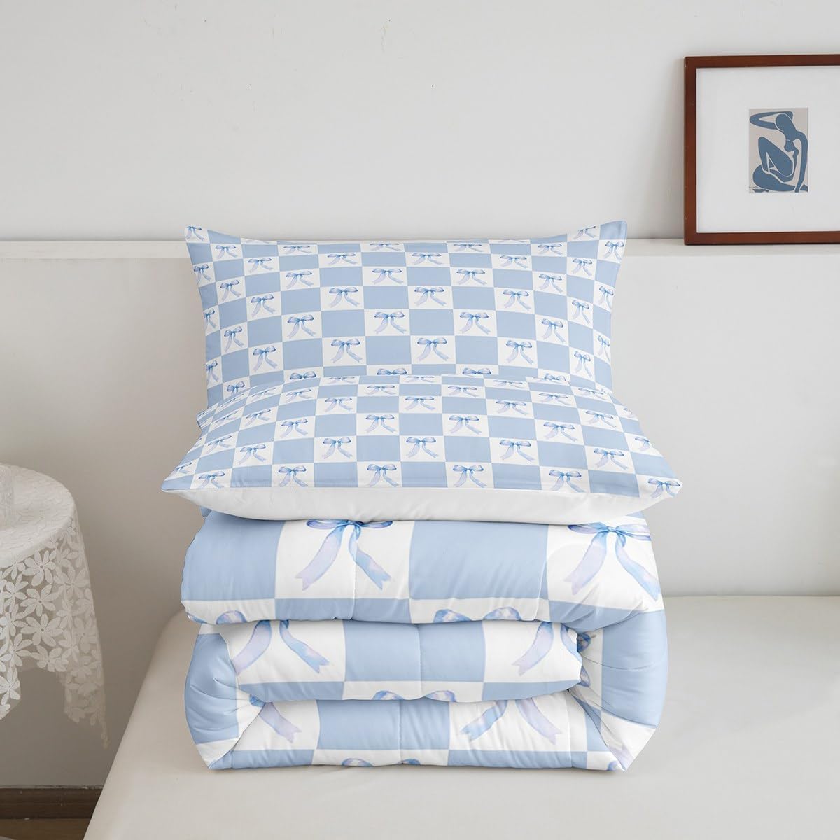 Manfei Blue Bowknot Bed Comforter Set Queen Size,Dreamy Bow Minimalist Grids Plaids Geometric Super Soft Microfiber Bedding Set for Adults Teens,Princess Style Blue White Comforter Set,2 Pillows