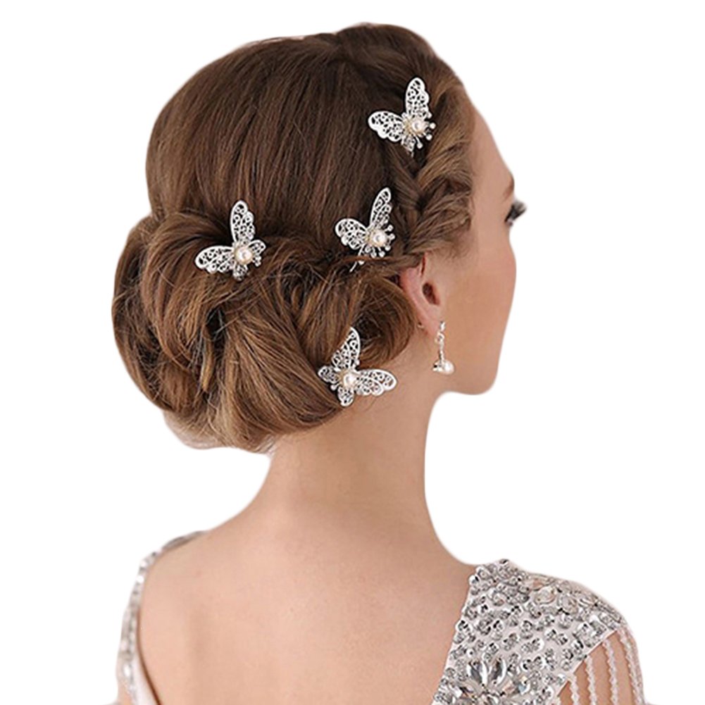 Brussels08 Women's Silver 6 Pcs Butterfly U Shaped Hairpin Bride Headwear Hair Clip Pin Claw Barrettes For Bridal Wedding Party (Silver)