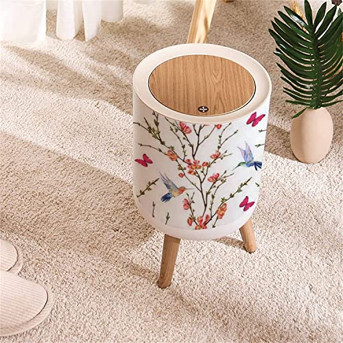 Small Trash Can With Lid Seamless Floral With Hand Drawn Hummingbirds Tropical Japanese Flowers Round Recycle Bin Press Top Dog Proof Wastebasket For Kitchen Bathroom Bedroom Office 7L/1.8 Gallon #TOP2