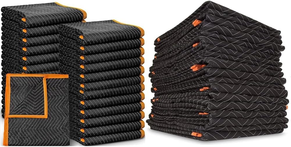 SIMPLI-MAGIC Heavy Duty Padded Moving Blankets (24 Pack), Black/Orange & Heavy Duty Padded Moving Blankets (12 Pack),Black/Orange