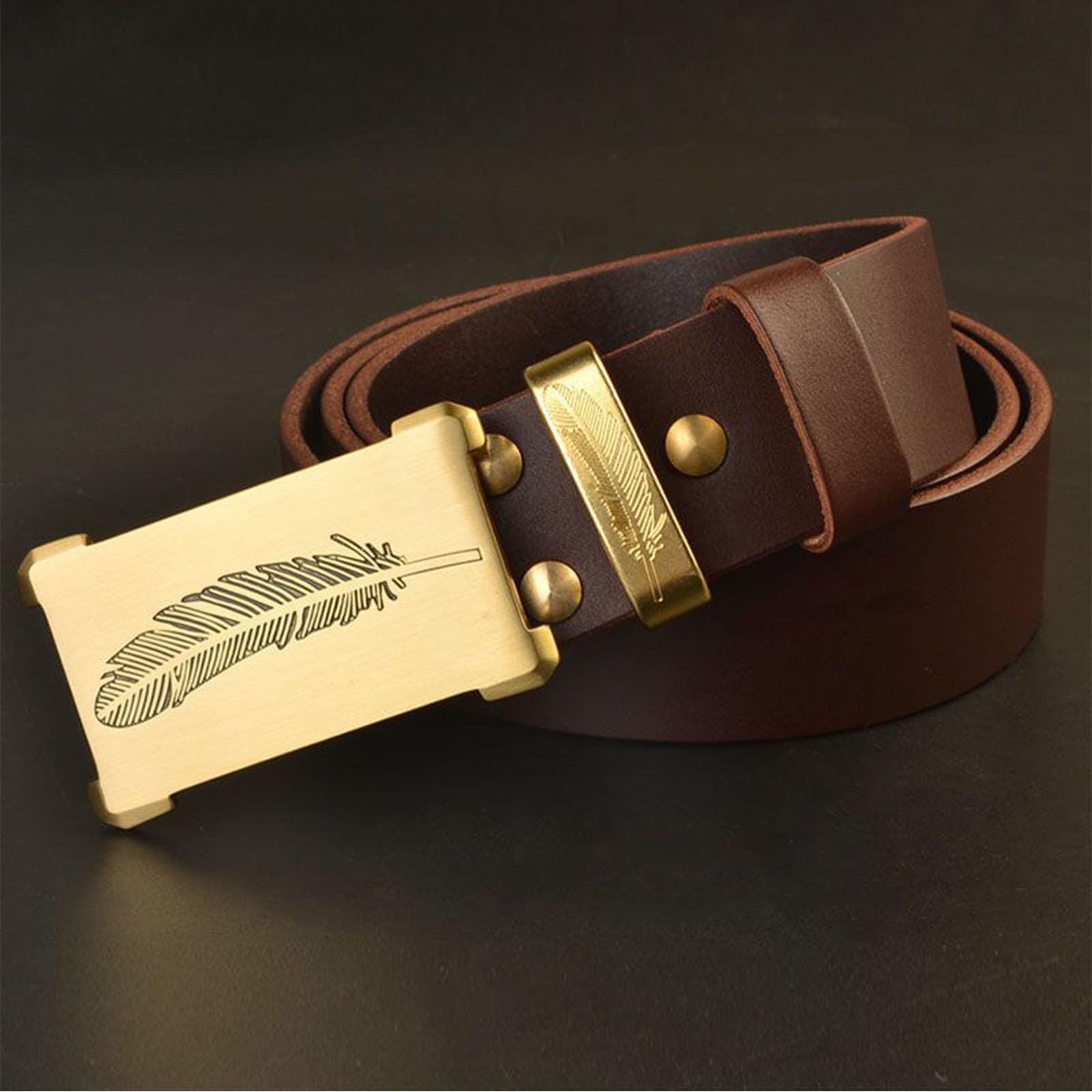 Cintura, cintura da uomo, cinture in pelle da cowboy for uomo con fibbia incisa con motivo a piume Fibbia in metallo dorato in ottone